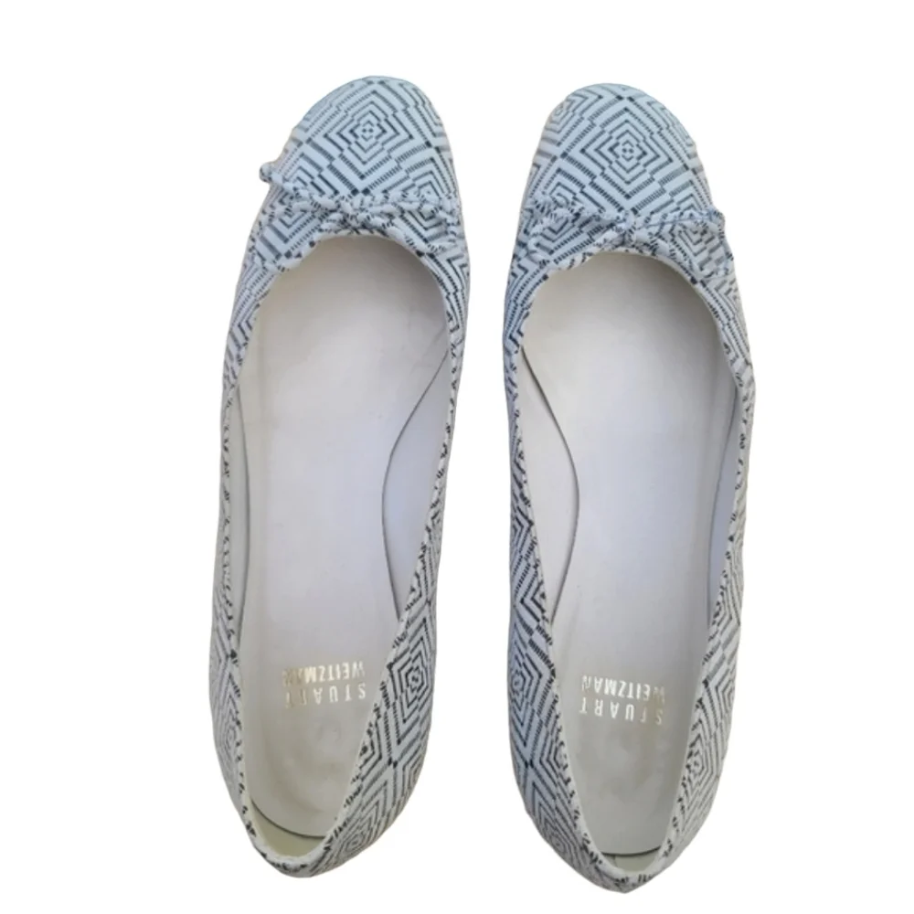 STUART WEITZMAN Leather Ballet Flats 8 Geometric Bows Stone Suede Rare